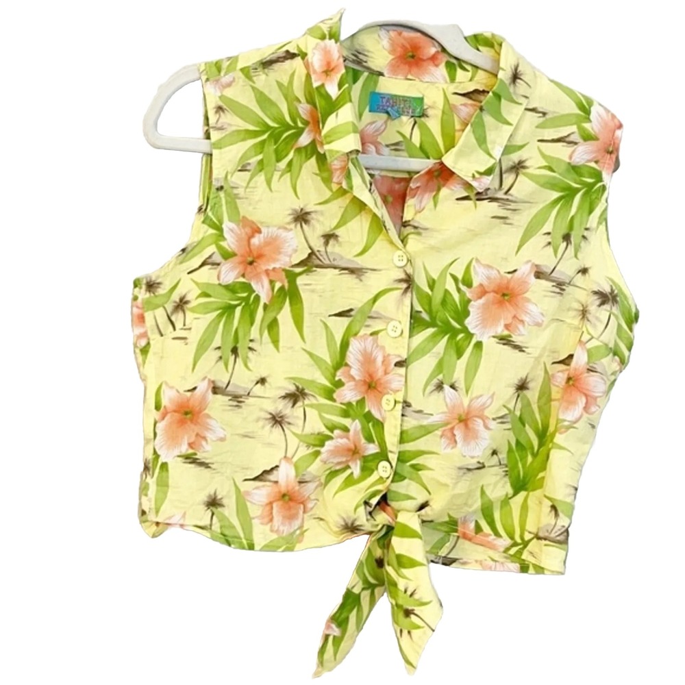Tahiti Reef Club Womens Medium Yellow Tropical Floral Cotton Tie Front Crop Top